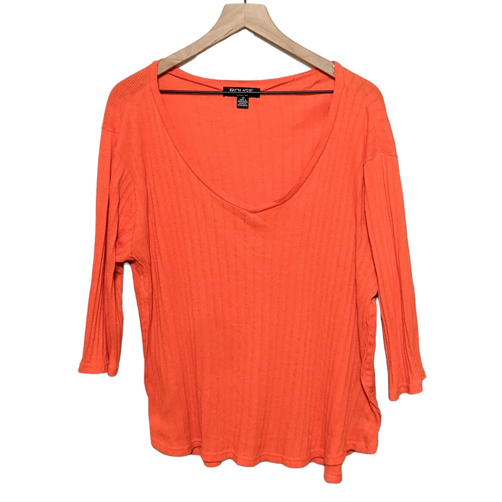 Rouge Collection Womens 3/4 Sleeve V Neck Top Size 3X Orange Ribbed Plus Cotton